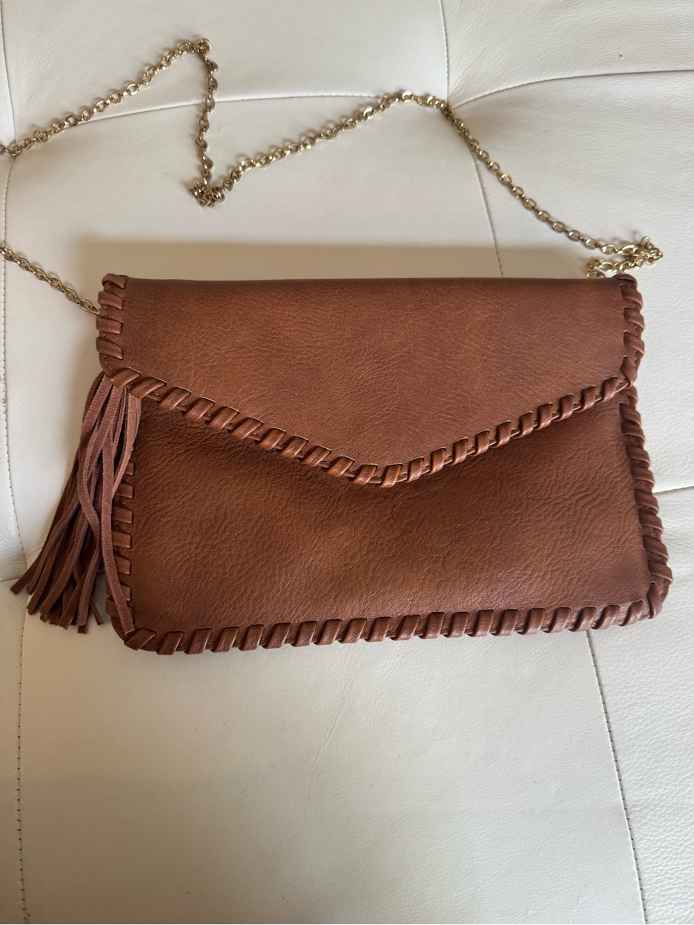 Moda Luxe Brown Whipstitch Tassel Envelope Crossbody